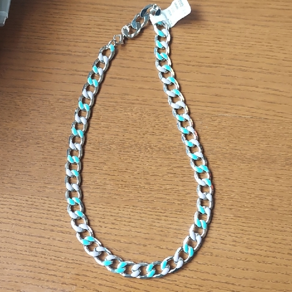 Silver Chain Necklace with Turquoise And Purple Accent - Women Jewelry Stainless